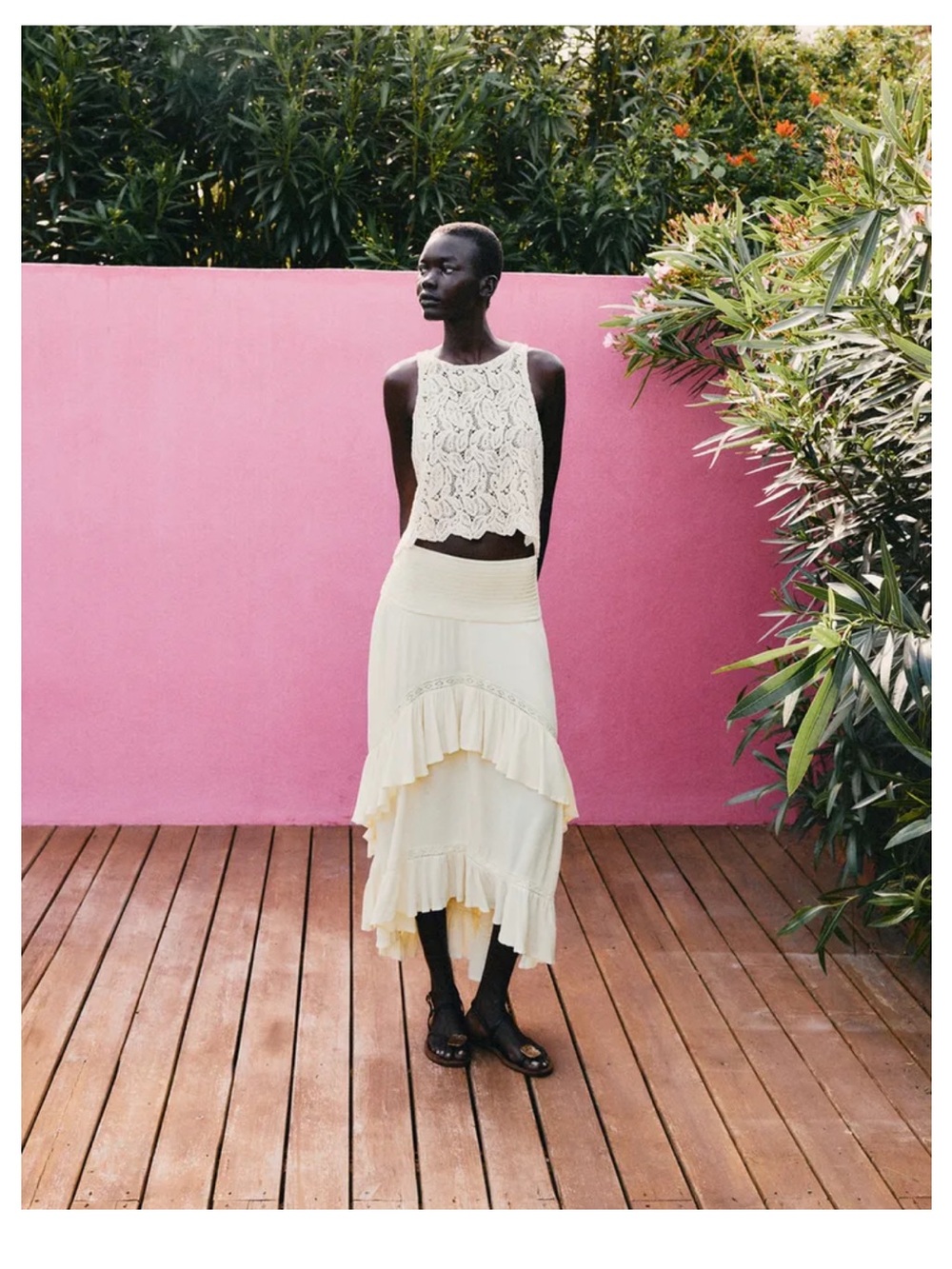 NWT Zara Cream Tiered High-Low Ruffle Midi Skirt